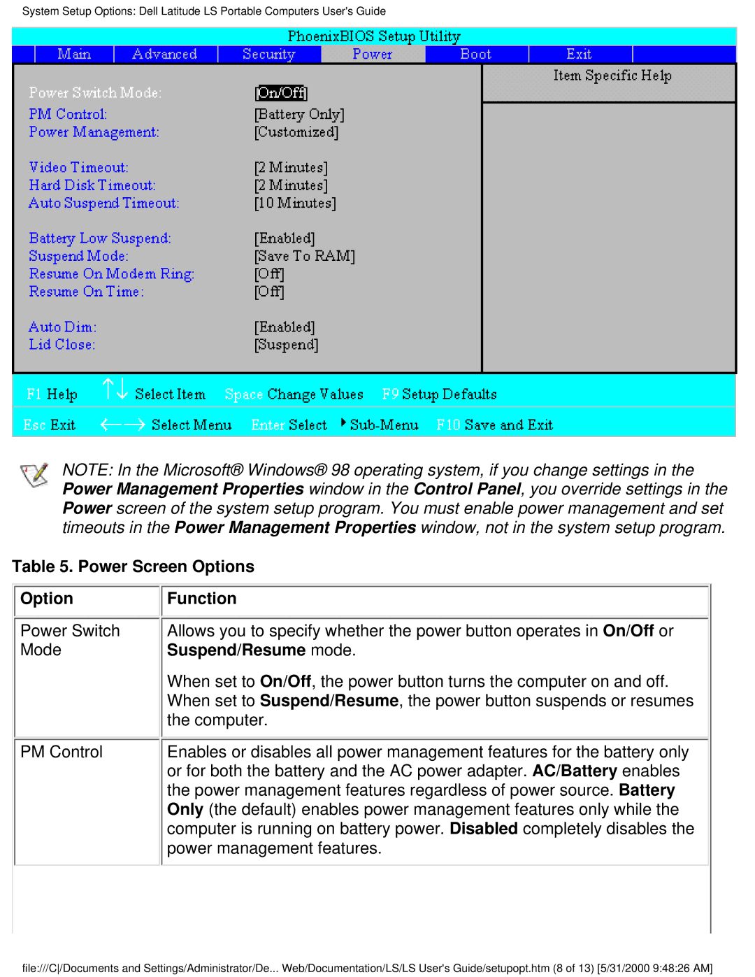 Dell PP01S technical specifications Power Screen Options 