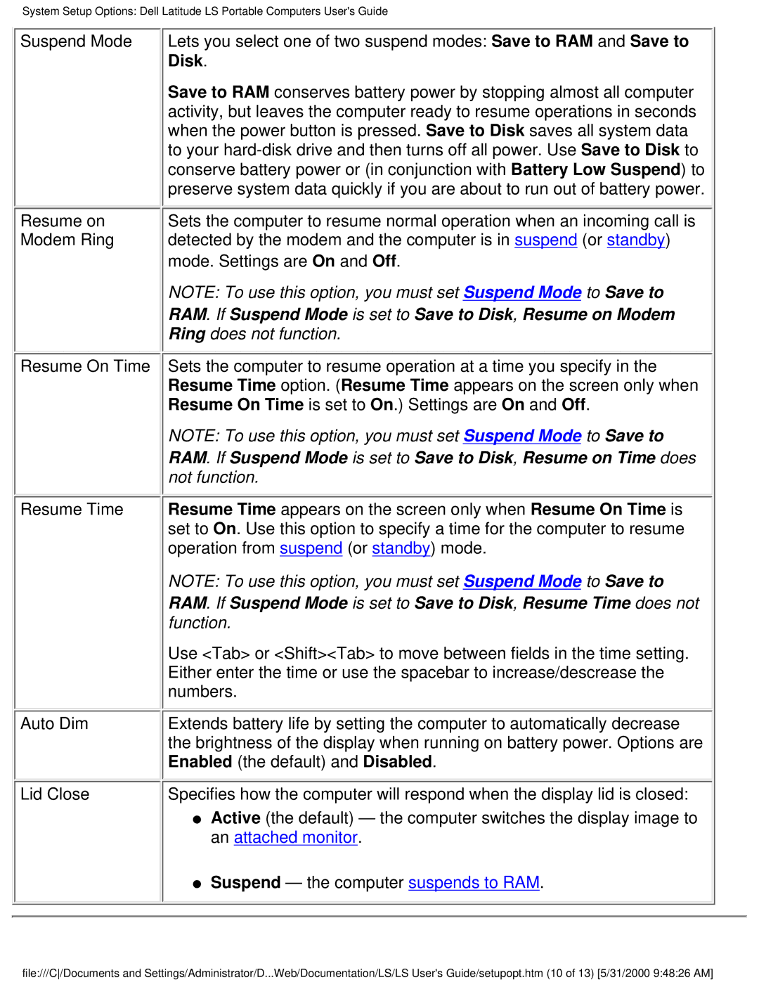 Dell PP01S technical specifications RAM. If Suspend Mode is set to Save to Disk, Resume on Modem 