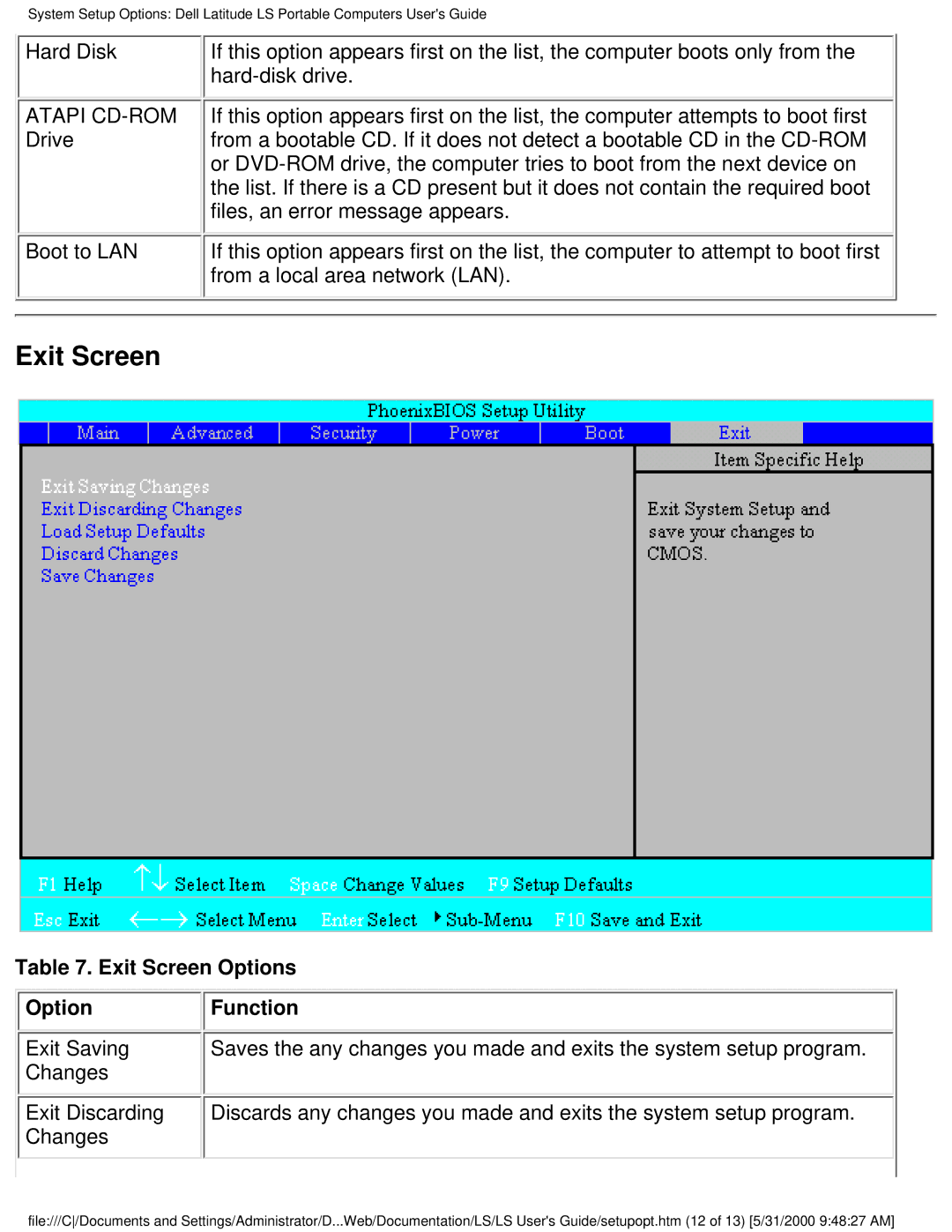 Dell PP01S technical specifications Exit Screen 