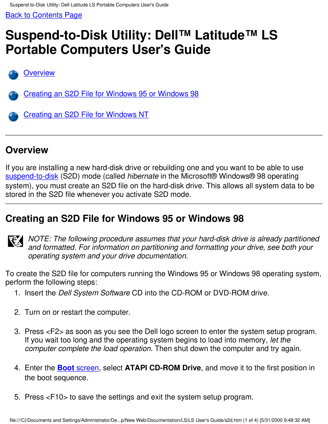 Dell PP01S technical specifications Overview, Creating an S2D File for Windows 95 or Windows 