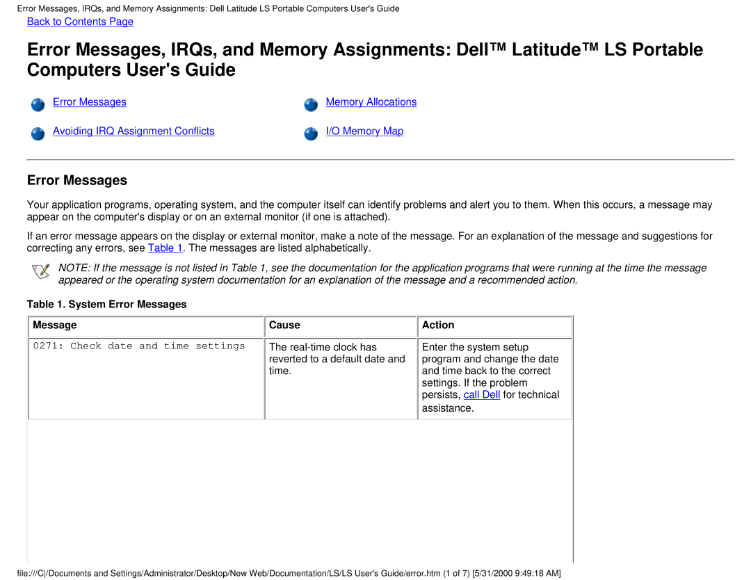 Dell PP01S technical specifications Error Messages, Action 