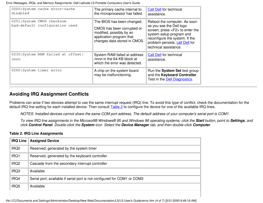 Dell PP01S technical specifications Avoiding IRQ Assignment Conflicts, 0260System timer error 