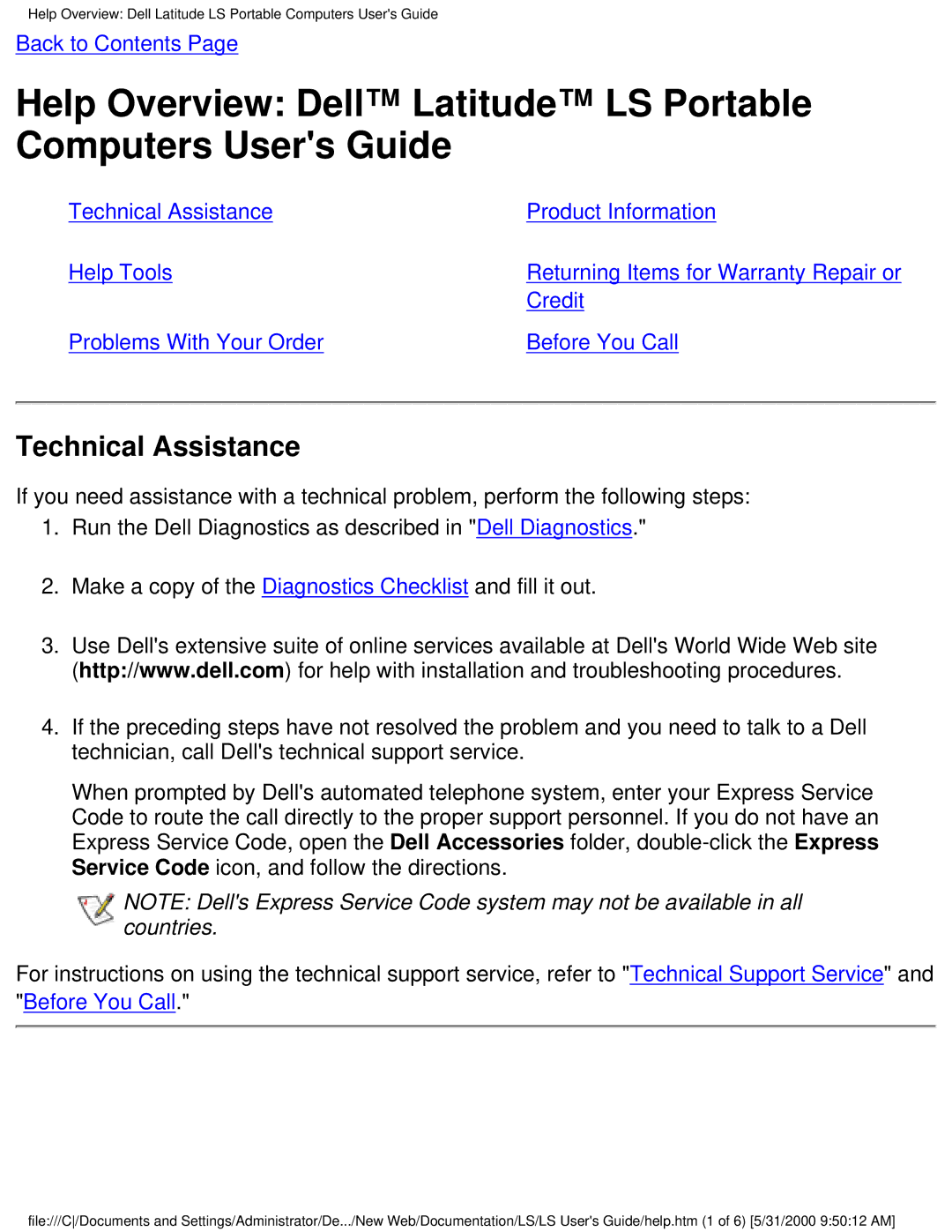 Dell PP01S technical specifications Technical Assistance 