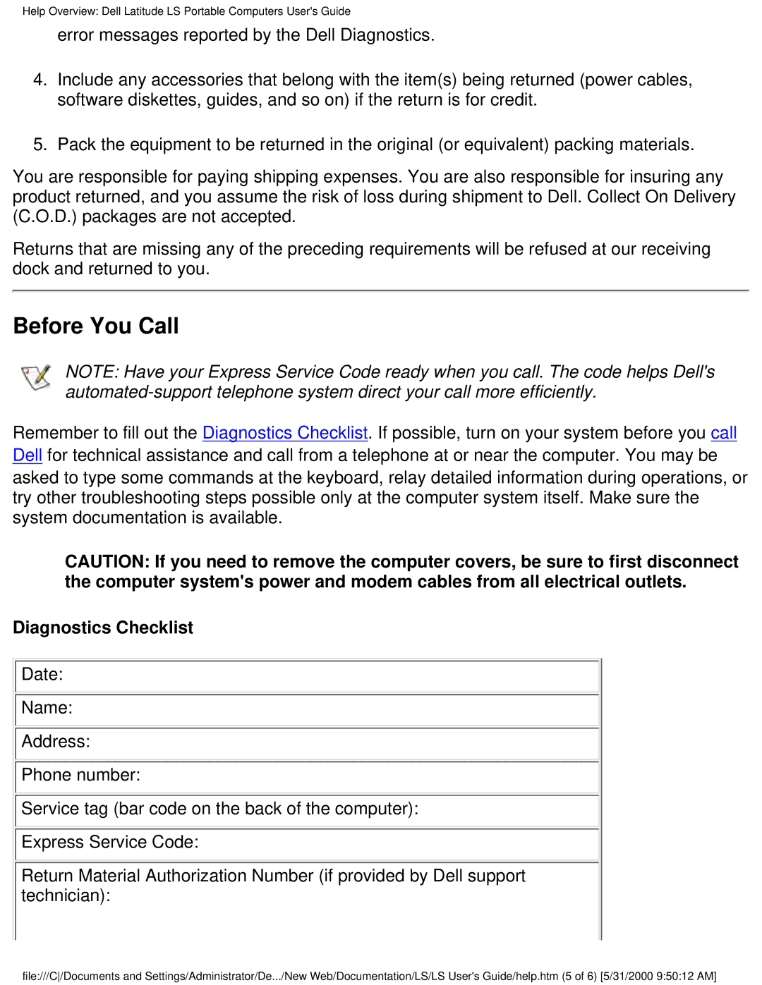 Dell PP01S technical specifications Before You Call, Diagnostics Checklist 