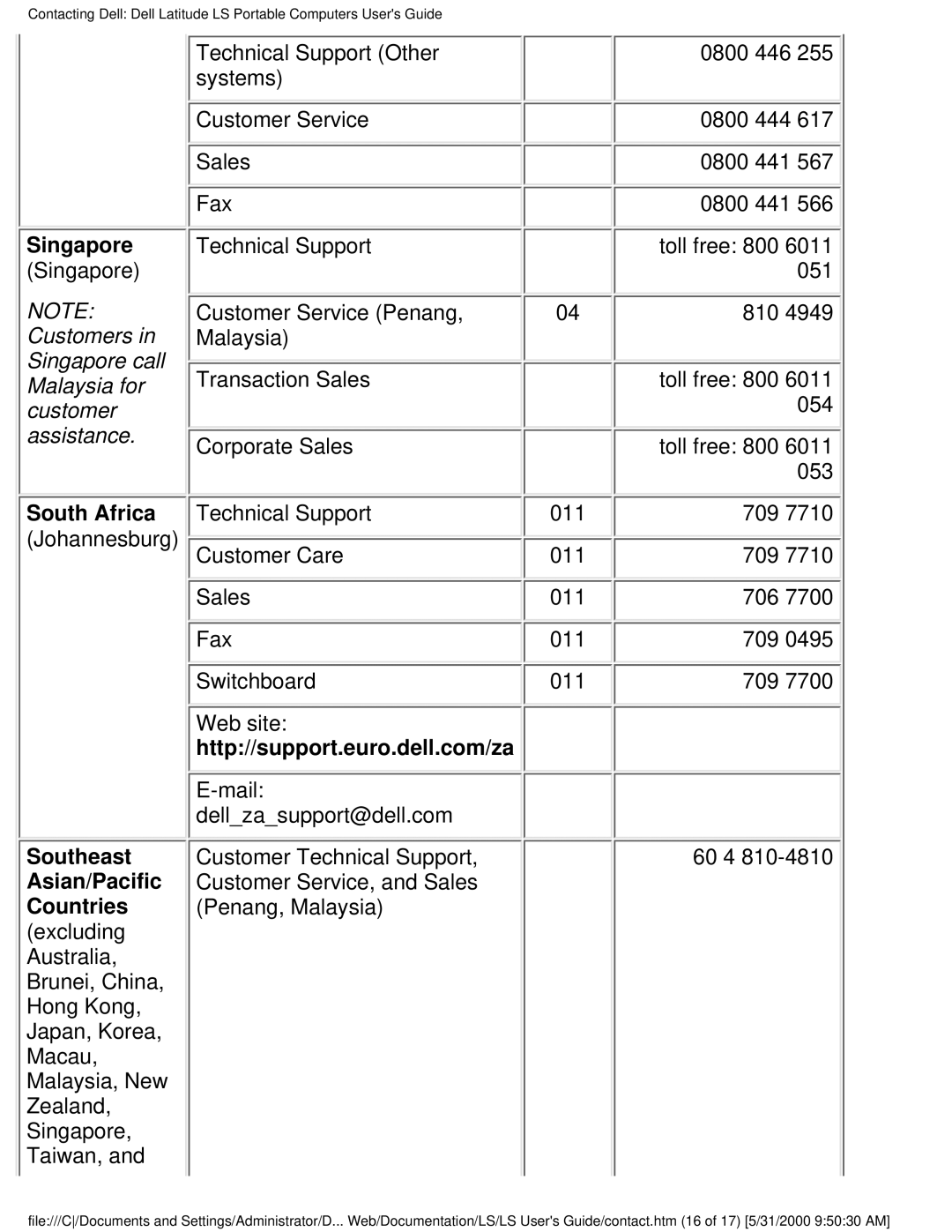 Dell PP01S technical specifications Singapore, Southeast Asian/Pacific Countries, 709, 706 