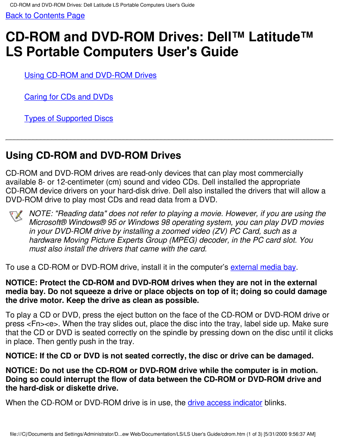 Dell PP01S technical specifications Using CD-ROM and DVD-ROM Drives 