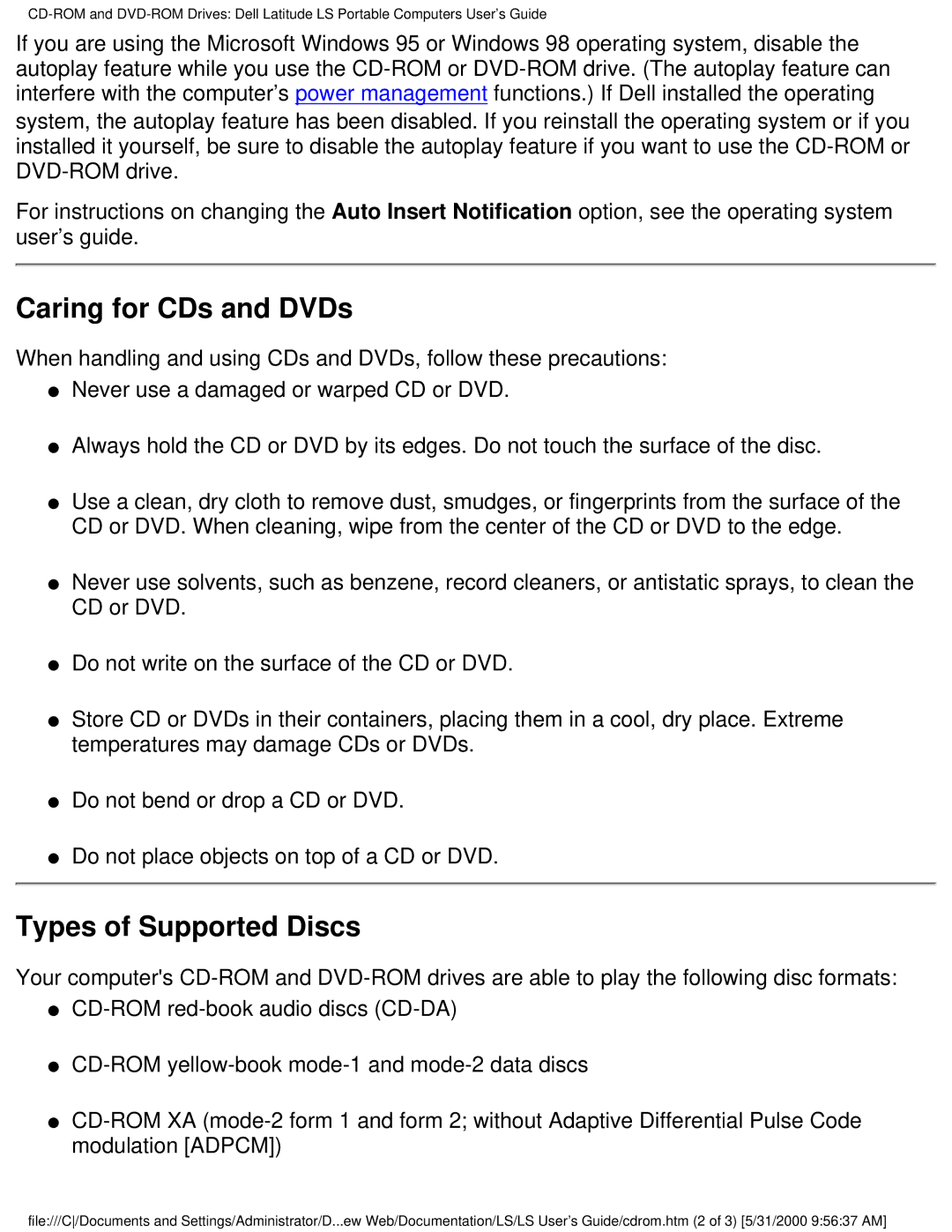 Dell PP01S technical specifications Caring for CDs and DVDs, Types of Supported Discs 