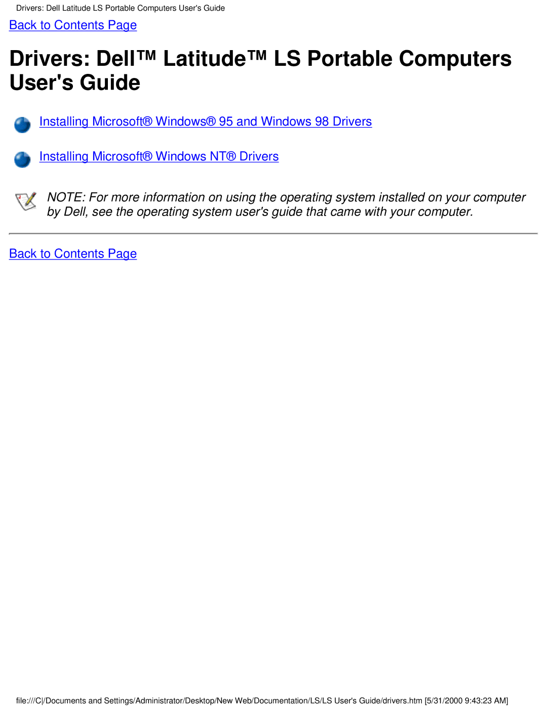 Dell PP01S technical specifications Drivers Dell Latitude LS Portable Computers Users Guide 