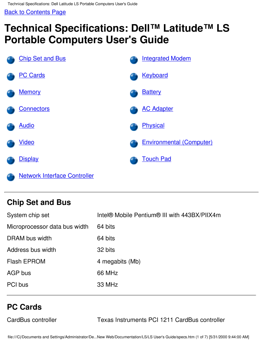 Dell PP01S technical specifications Chip Set and Bus, PC Cards, System chip set, CardBus controller 