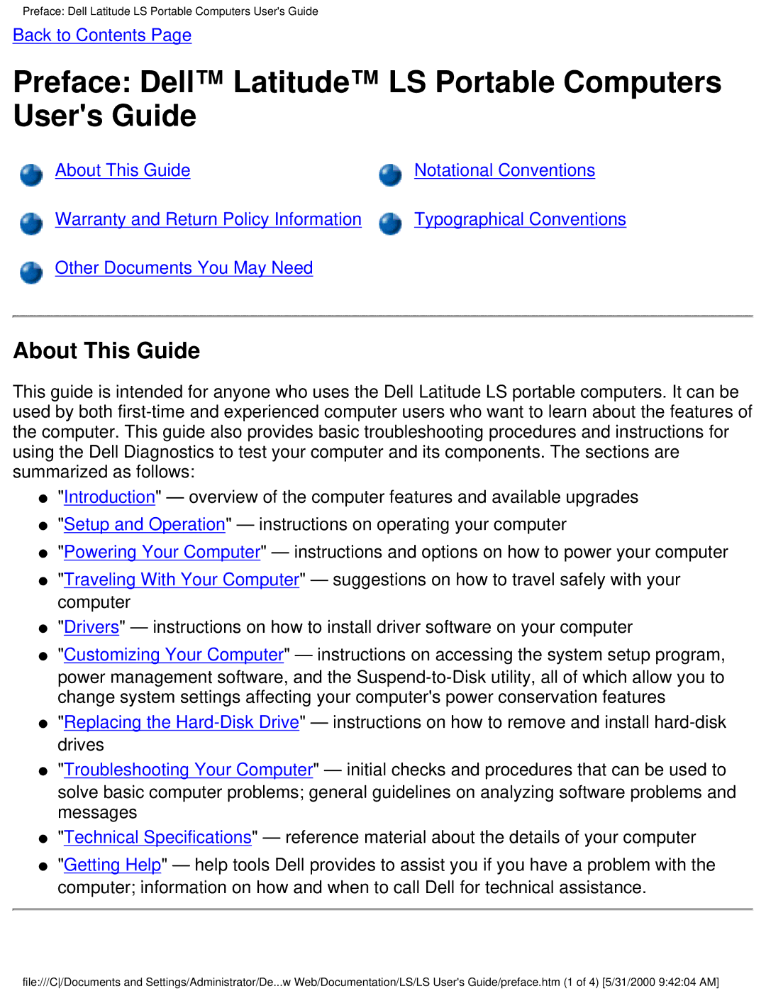 Dell PP01S technical specifications Preface Dell Latitude LS Portable Computers Users Guide, About This Guide 