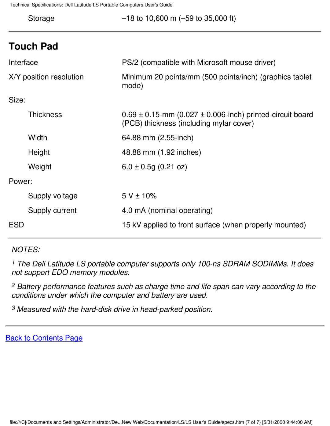 Dell PP01S technical specifications Touch Pad 