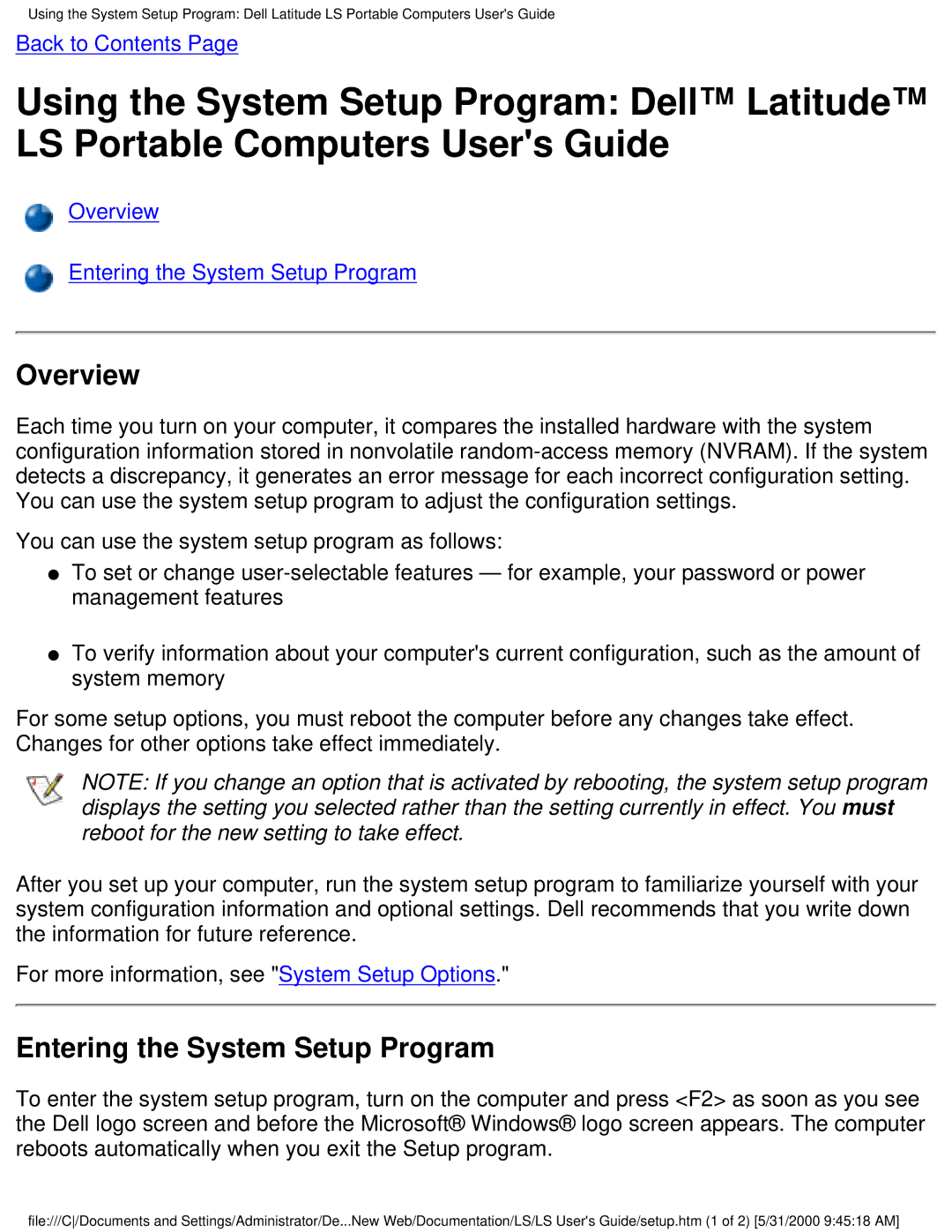 Dell PP01S technical specifications Overview, Entering the System Setup Program 