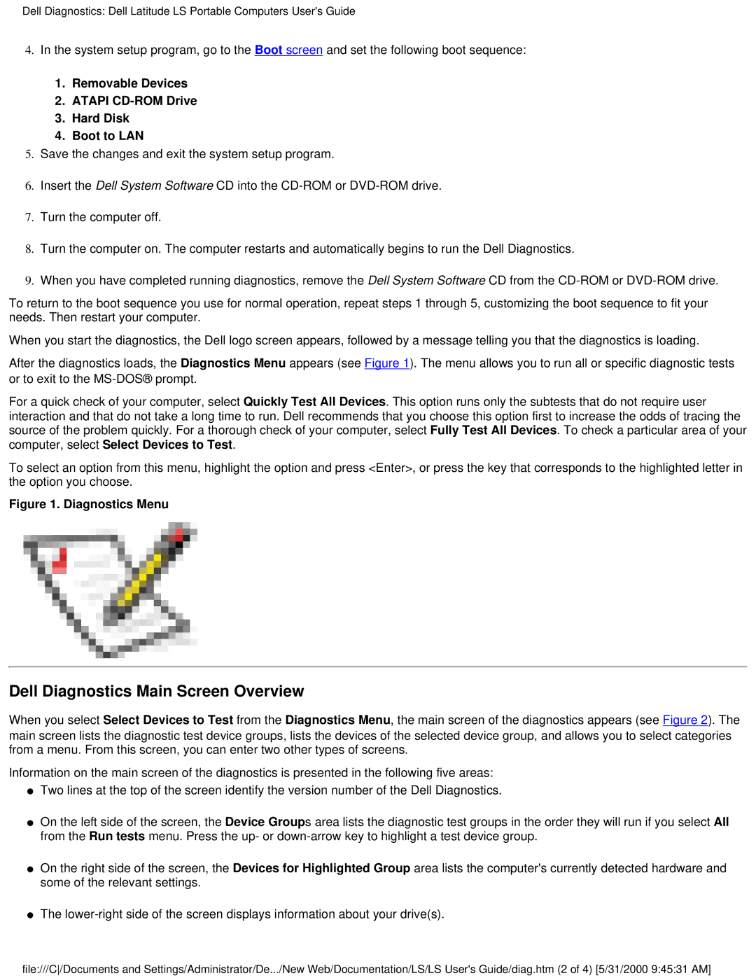 Dell PP01S technical specifications Dell Diagnostics Main Screen Overview 