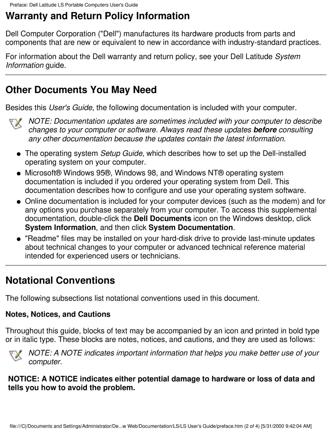 Dell PP01S Warranty and Return Policy Information, Other Documents You May Need, Notational Conventions 