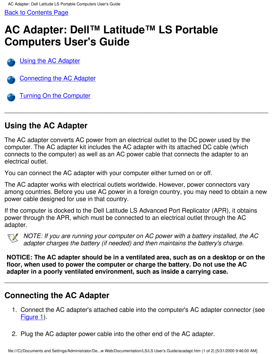 Dell PP01S technical specifications Using the AC Adapter, Connecting the AC Adapter 