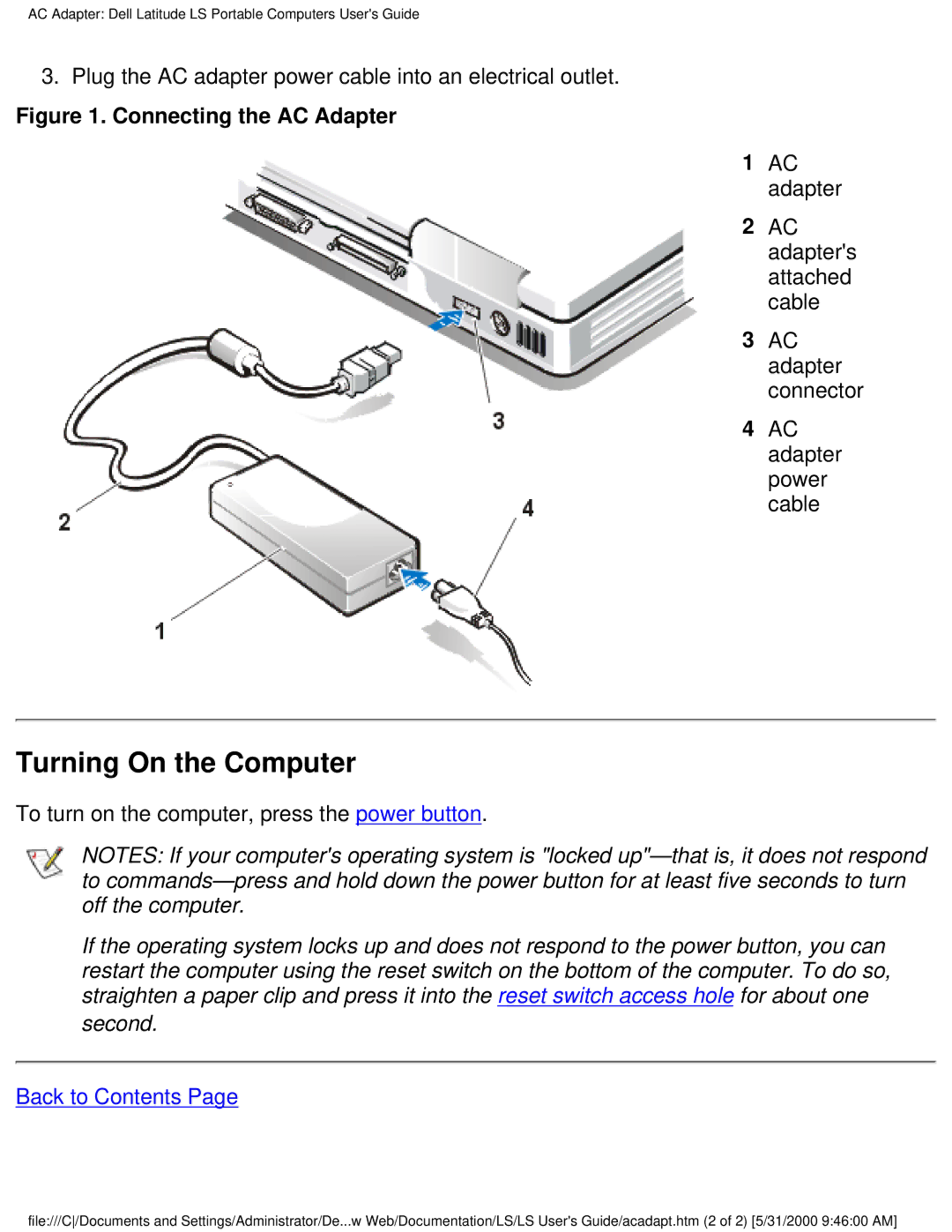 Dell PP01S technical specifications Turning On the Computer, Plug the AC adapter power cable into an electrical outlet 