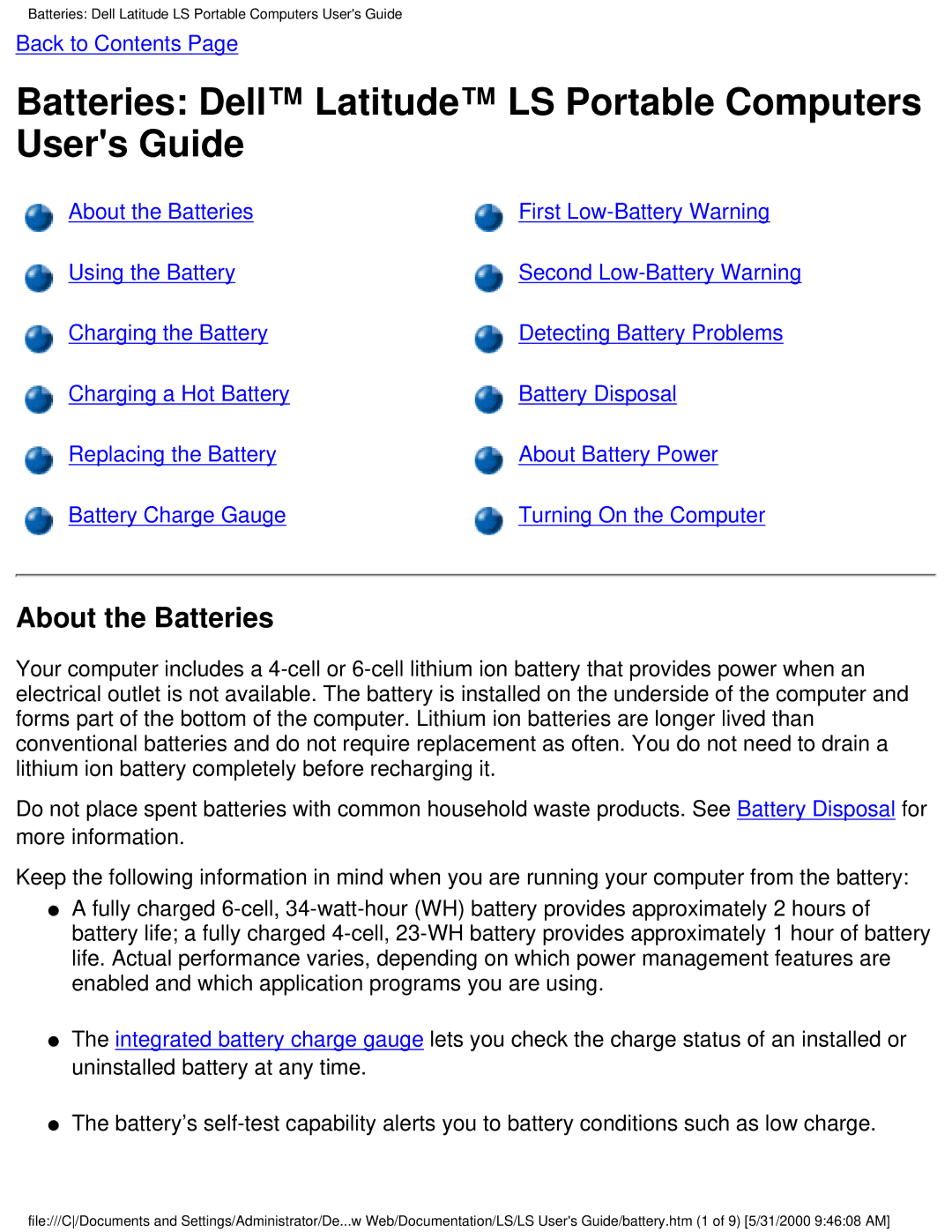 Dell PP01S technical specifications Batteries Dell Latitude LS Portable Computers Users Guide, About the Batteries 