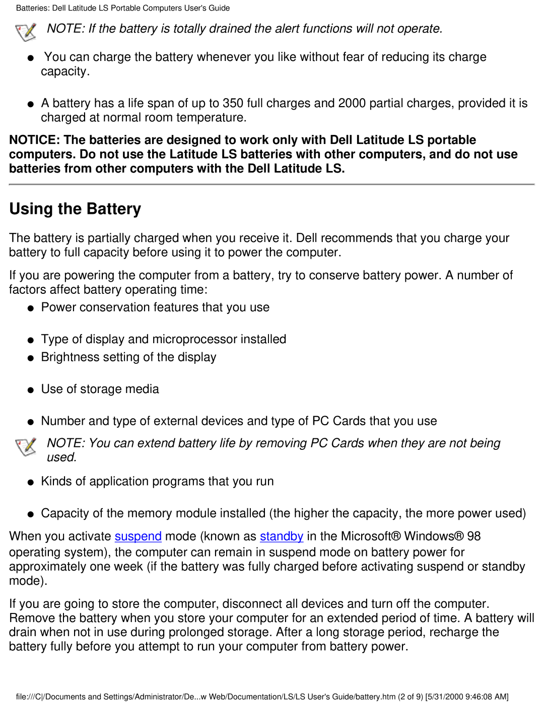 Dell PP01S technical specifications Using the Battery 