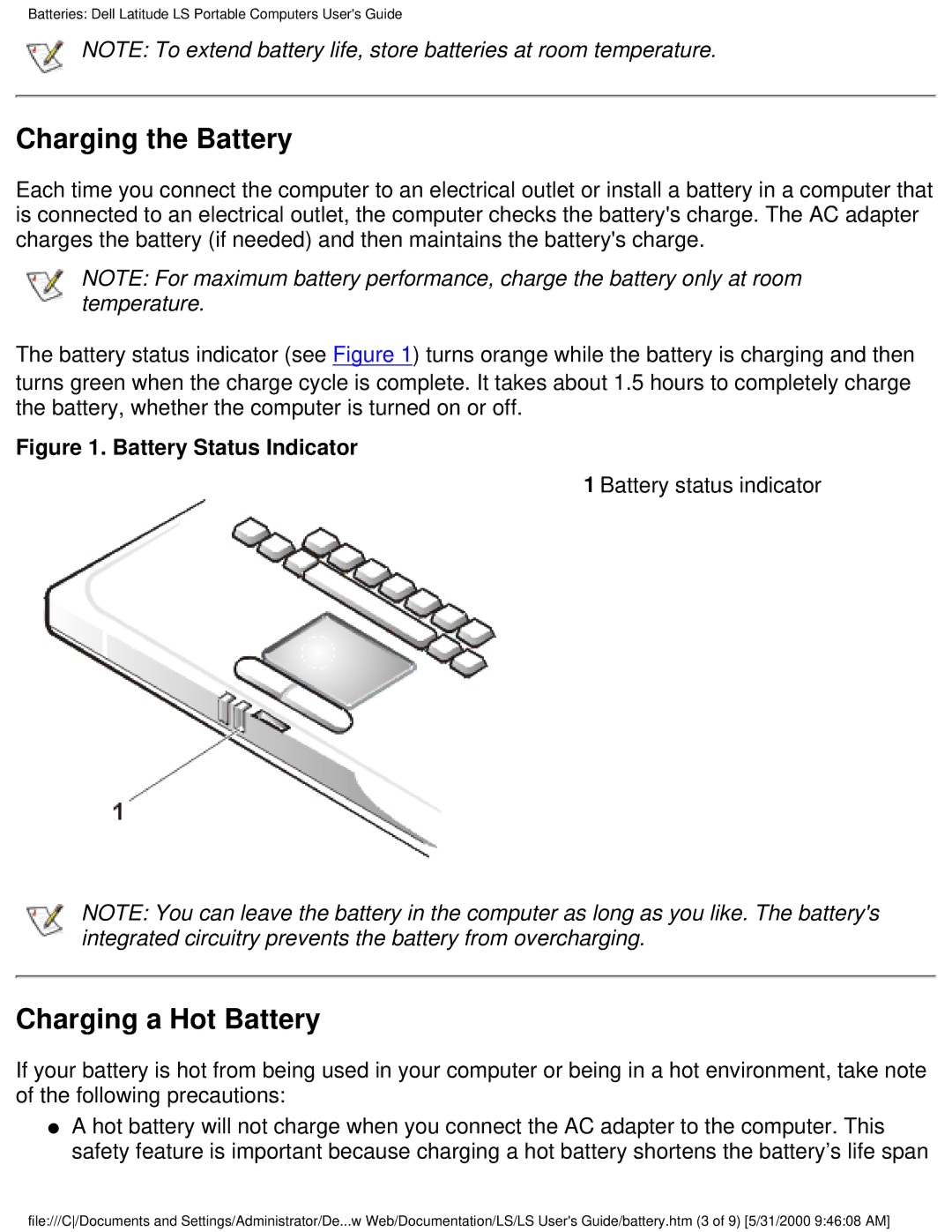 Dell PP01S technical specifications Charging the Battery, Charging a Hot Battery, Battery status indicator 