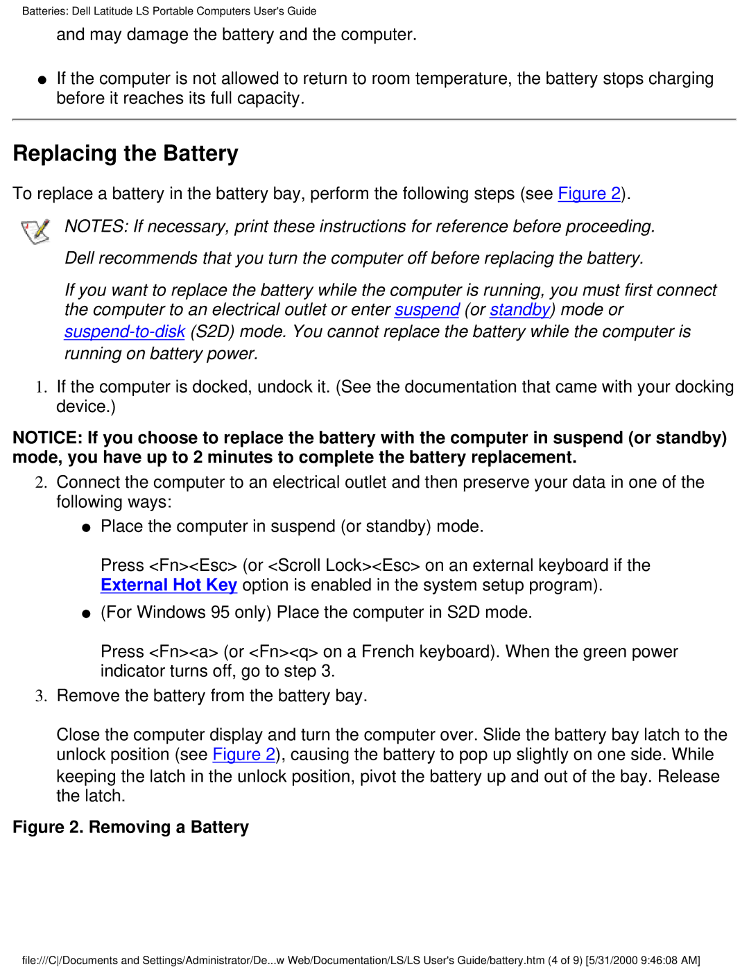 Dell PP01S technical specifications Replacing the Battery, Removing a Battery 