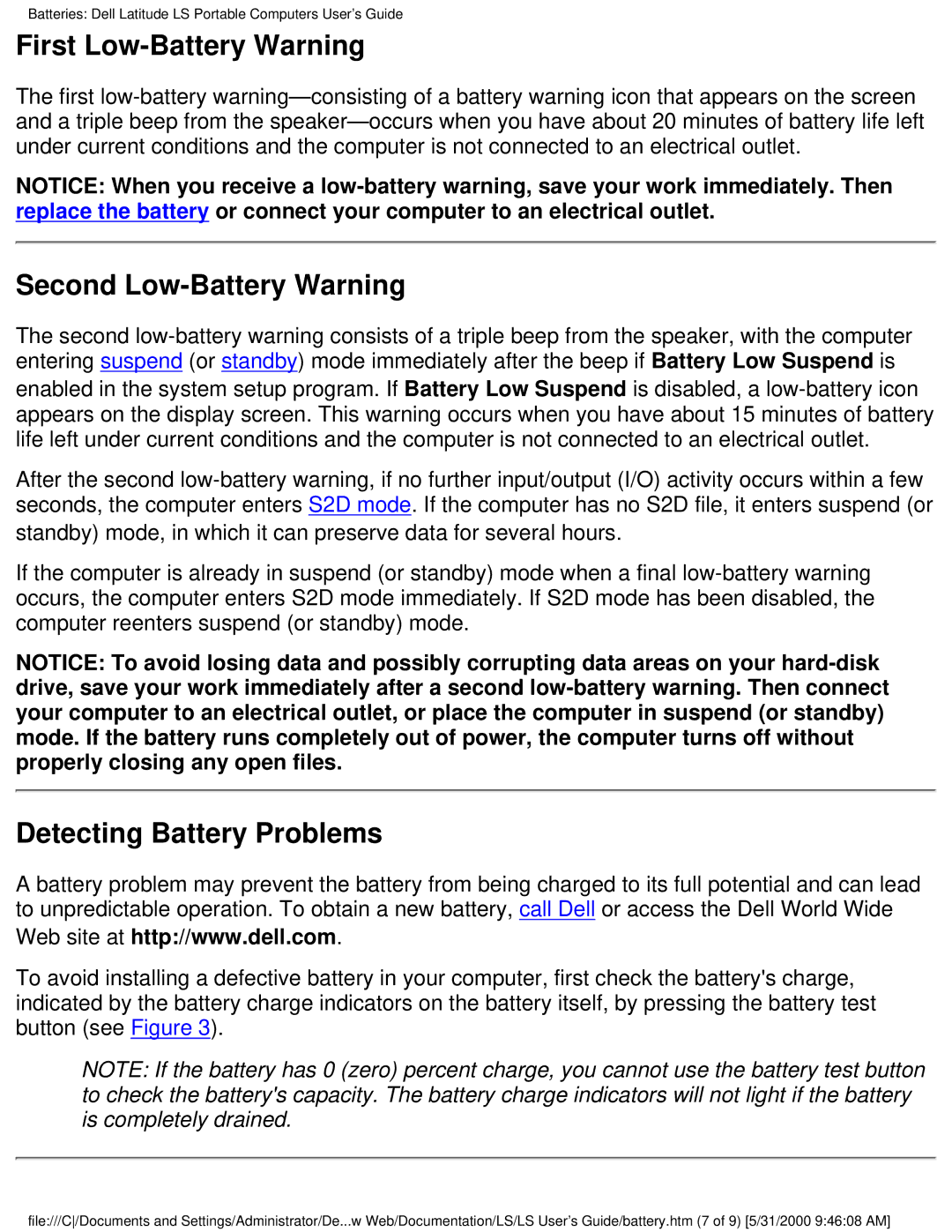 Dell PP01S technical specifications First Low-Battery Warning, Second Low-Battery Warning, Detecting Battery Problems 