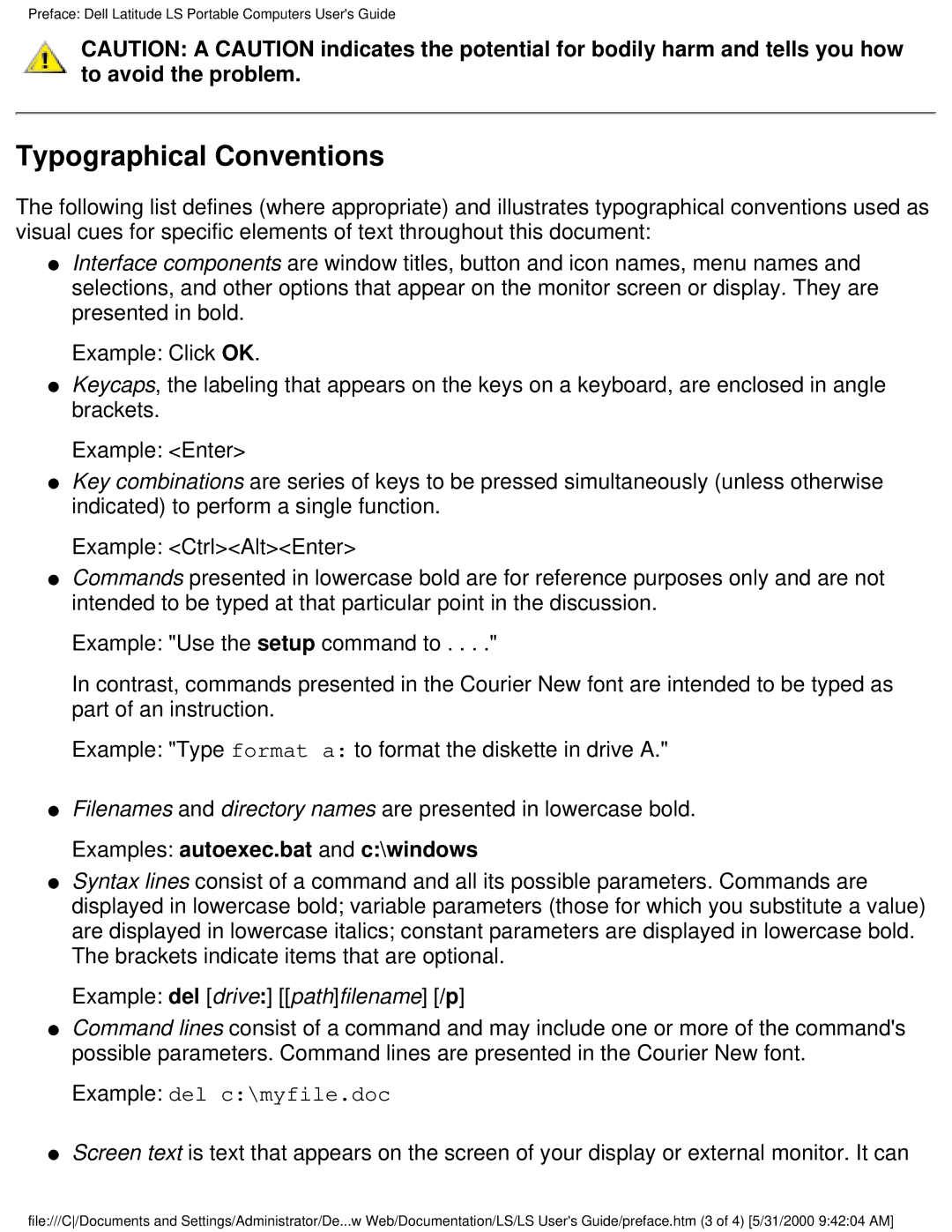 Dell PP01S technical specifications Typographical Conventions, Example del c\myfile.doc 