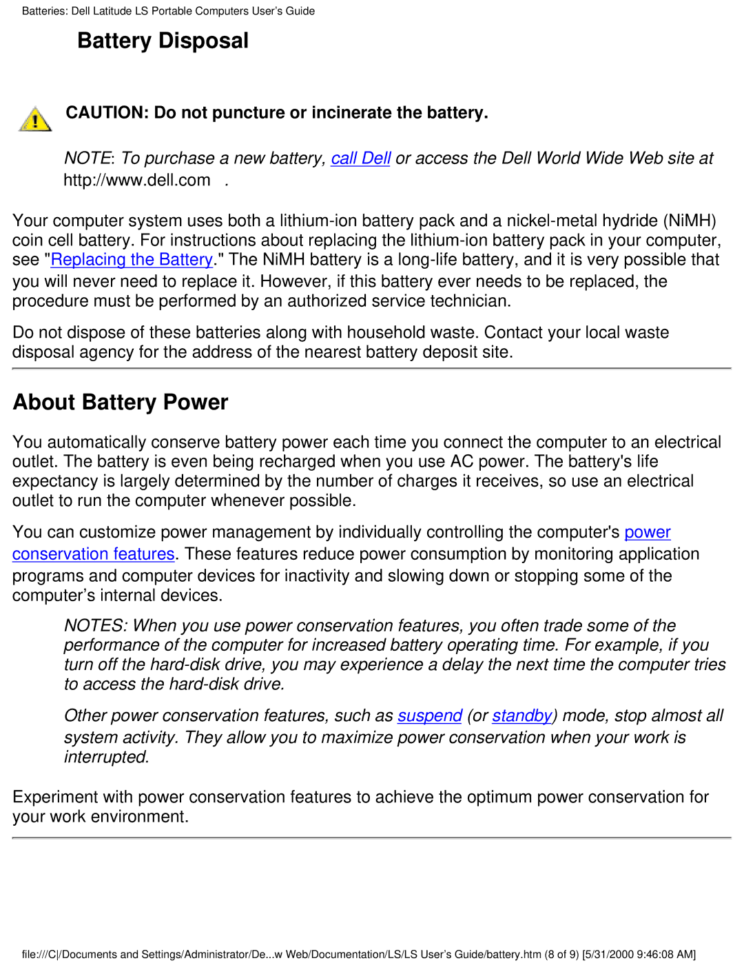 Dell PP01S technical specifications Battery Disposal, About Battery Power 