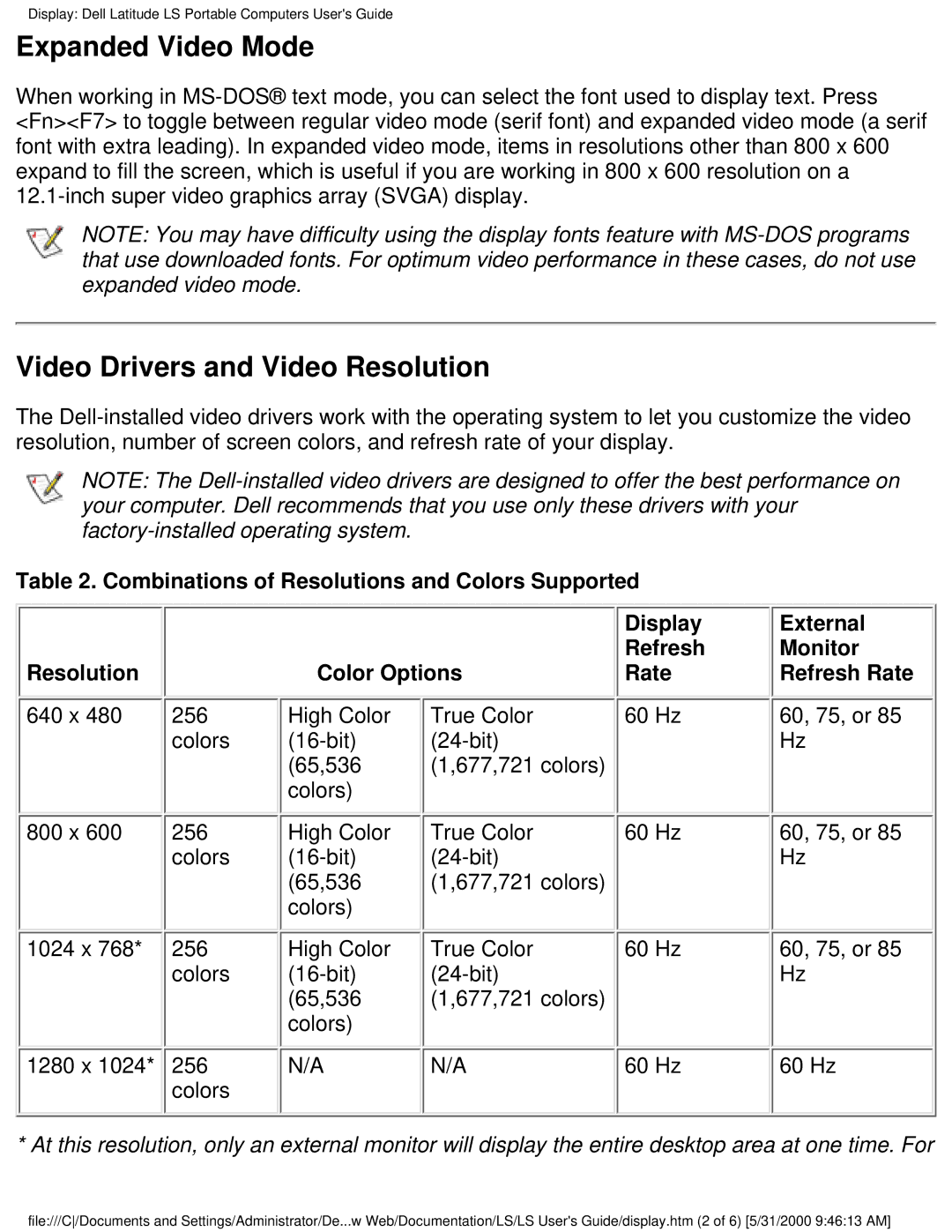 Dell PP01S technical specifications Expanded Video Mode, Video Drivers and Video Resolution 