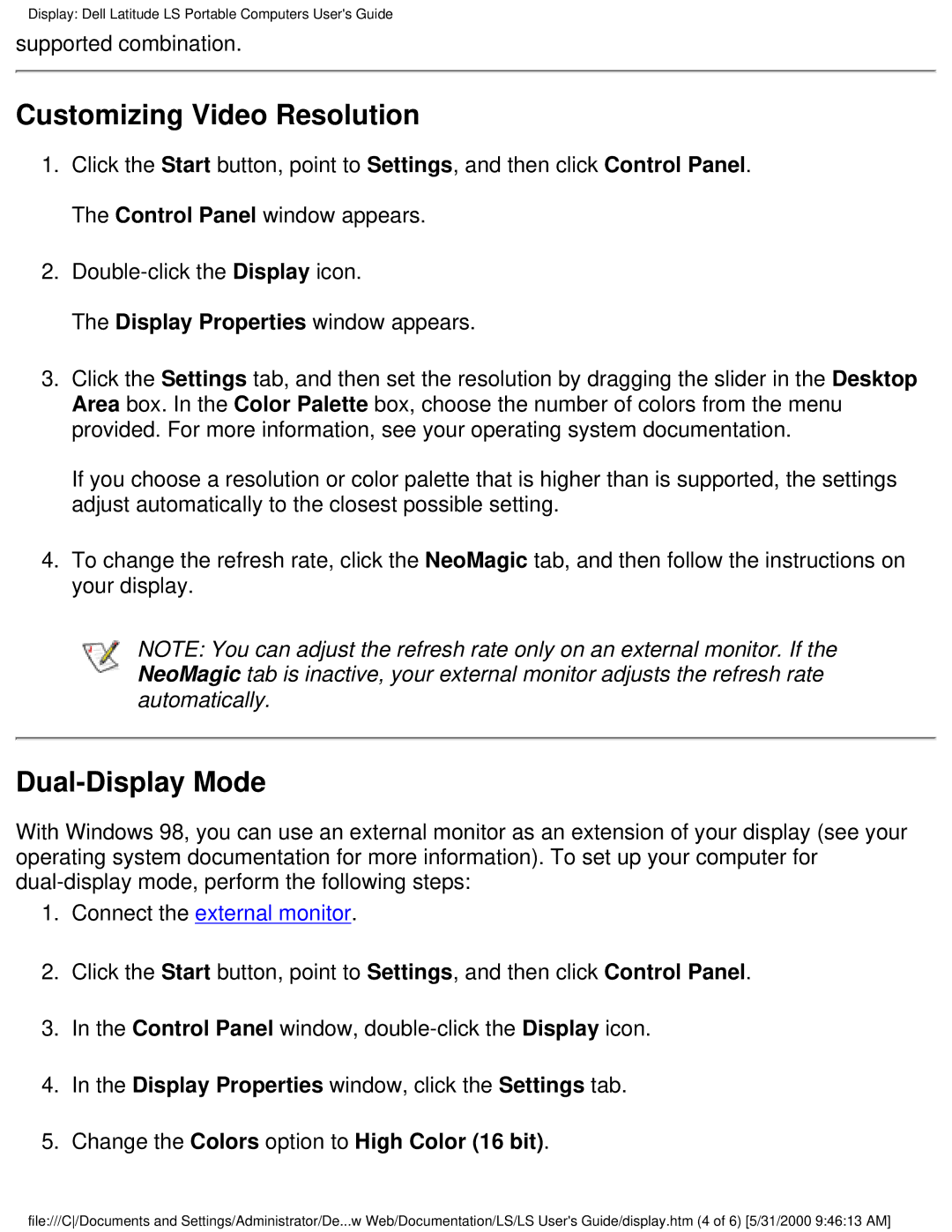 Dell PP01S technical specifications Customizing Video Resolution, Dual-Display Mode, Supported combination 