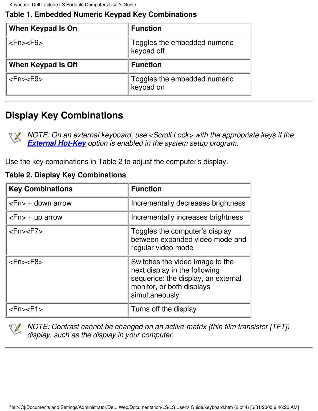 Dell PP01S technical specifications Display Key Combinations, Keypad off, When Keypad Is Off Function FnF9, Keypad on 