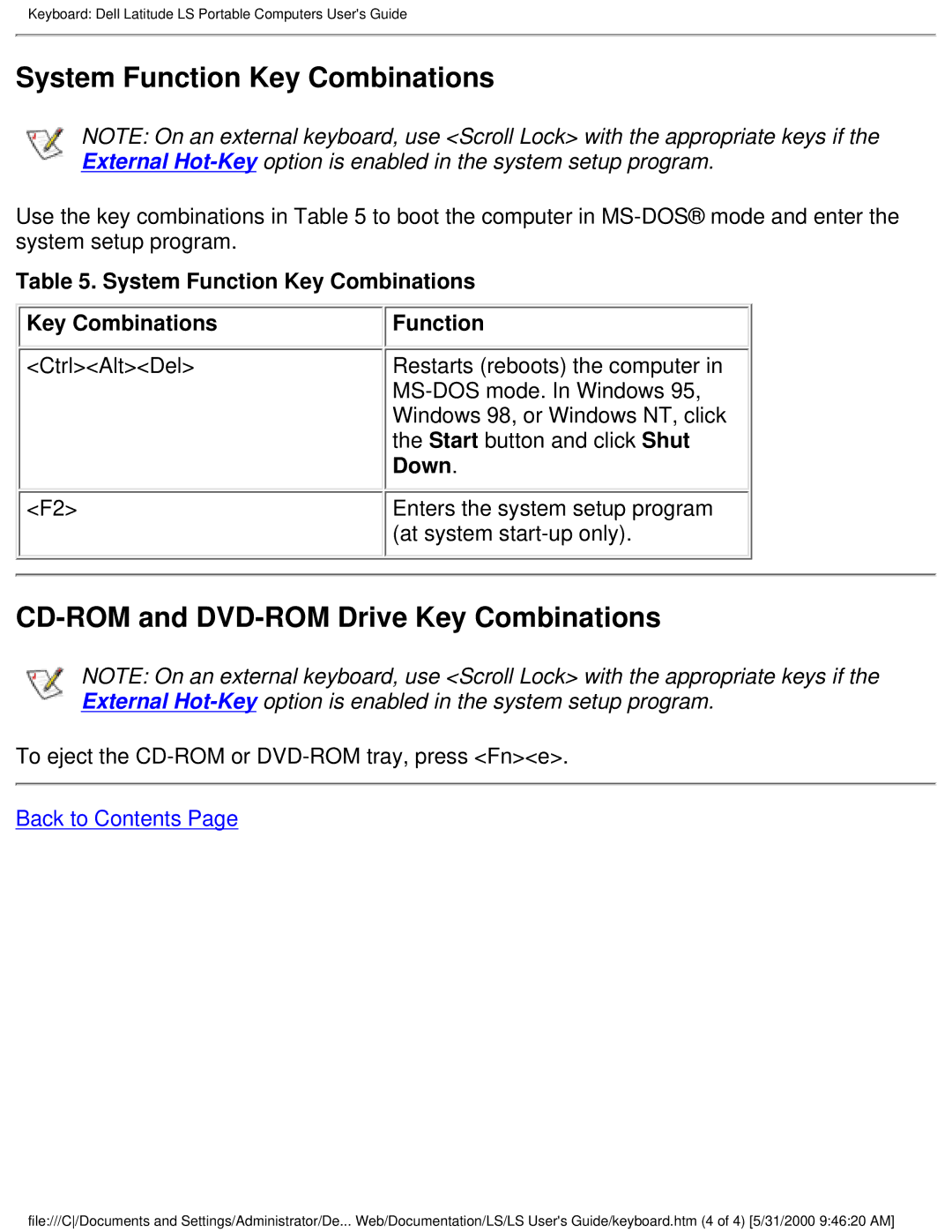 Dell PP01S technical specifications System Function Key Combinations, CD-ROM and DVD-ROM Drive Key Combinations, Down 