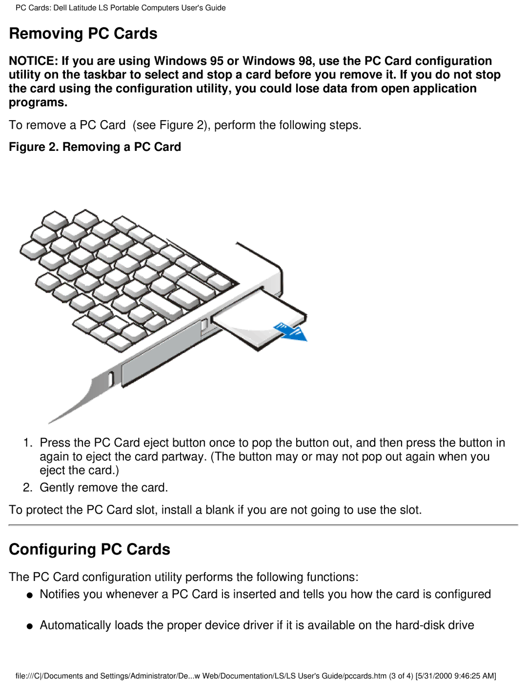 Dell PP01S Removing PC Cards, Configuring PC Cards, To remove a PC Card see , perform the following steps 