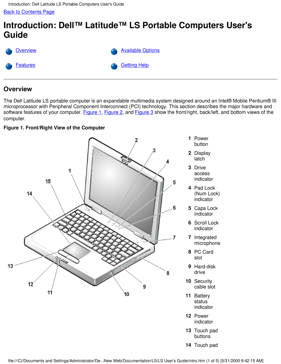 Dell PP01S technical specifications Overview, Front/Right View of the Computer 