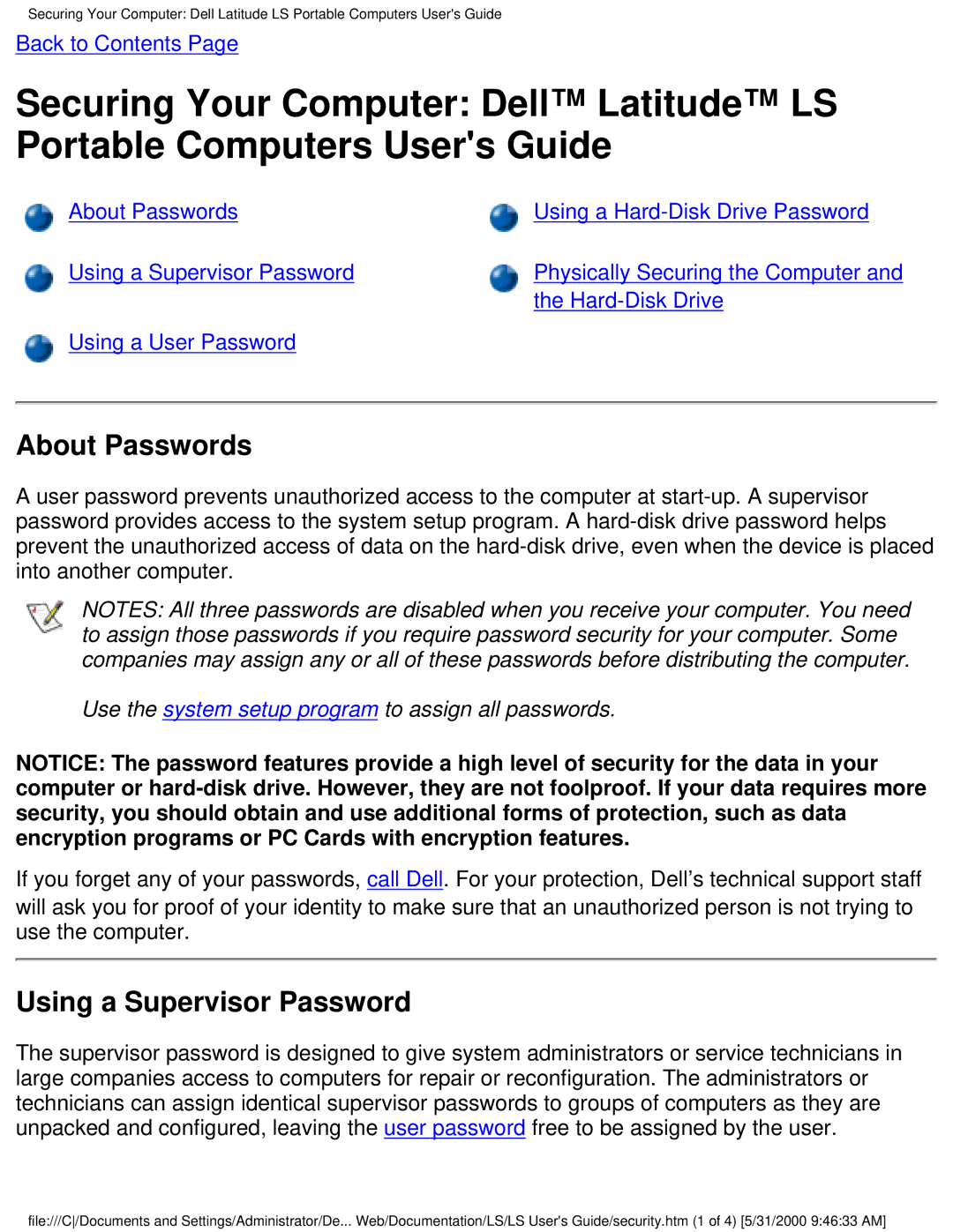 Dell PP01S technical specifications About Passwords, Using a Supervisor Password 