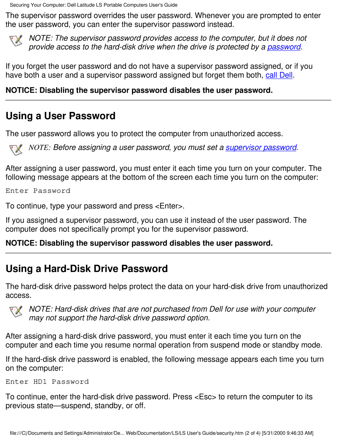 Dell PP01S technical specifications Using a User Password, Using a Hard-Disk Drive Password 