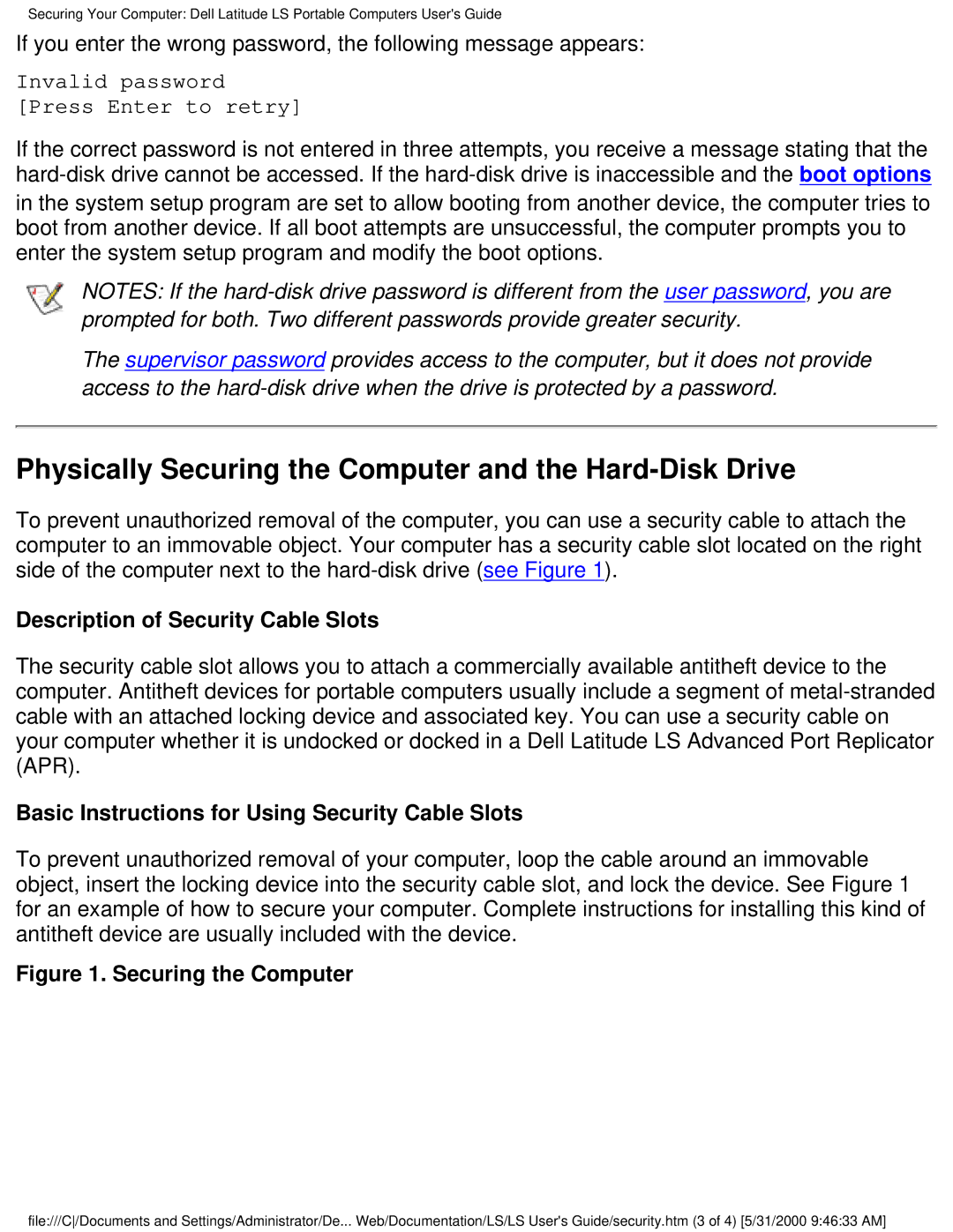 Dell PP01S technical specifications Physically Securing the Computer and the Hard-Disk Drive 