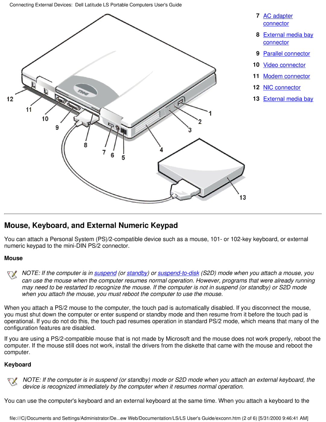 Dell PP01S technical specifications Mouse, Keyboard, and External Numeric Keypad 