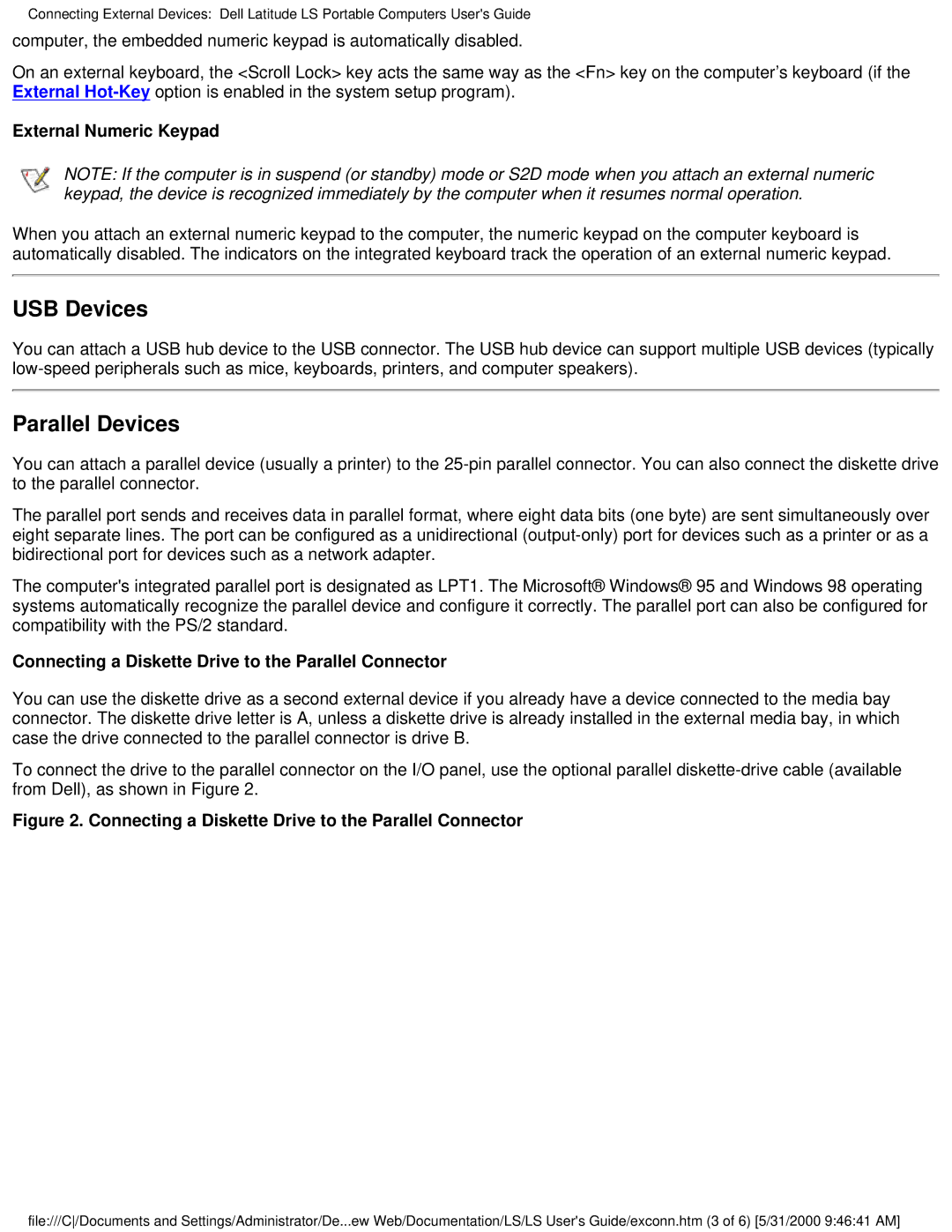 Dell PP01S technical specifications USB Devices, Parallel Devices 