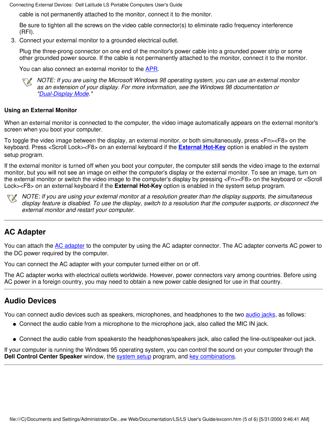 Dell PP01S technical specifications AC Adapter, Audio Devices 