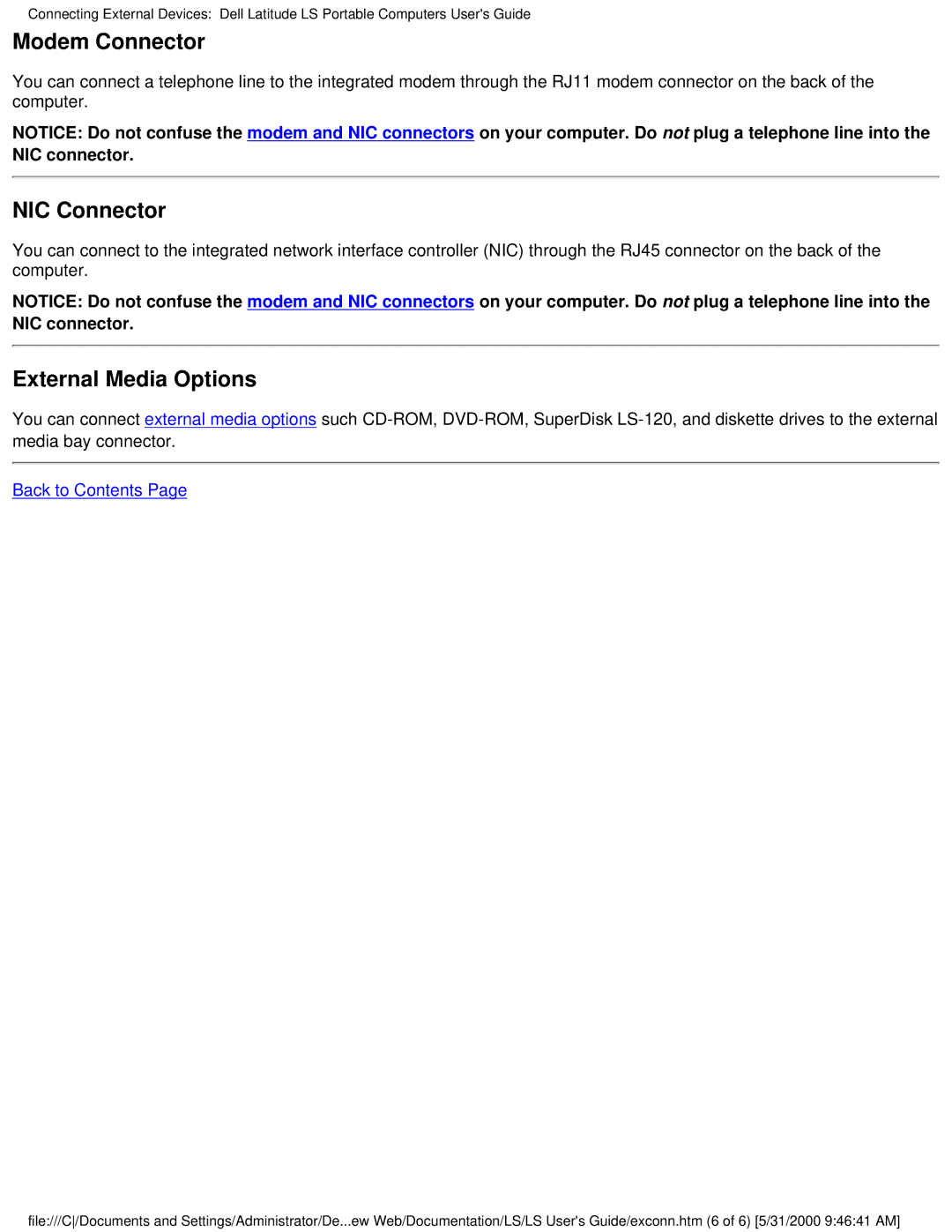 Dell PP01S technical specifications Modem Connector, NIC Connector, External Media Options 