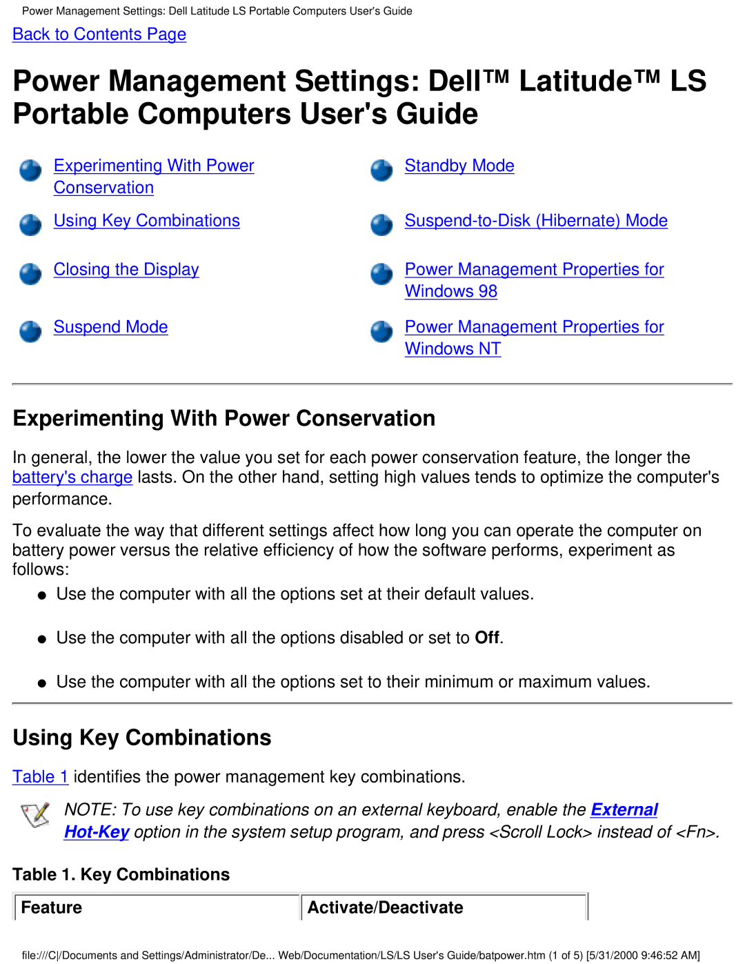 Dell PP01S Experimenting With Power Conservation, Using Key Combinations, Identifies the power management key combinations 