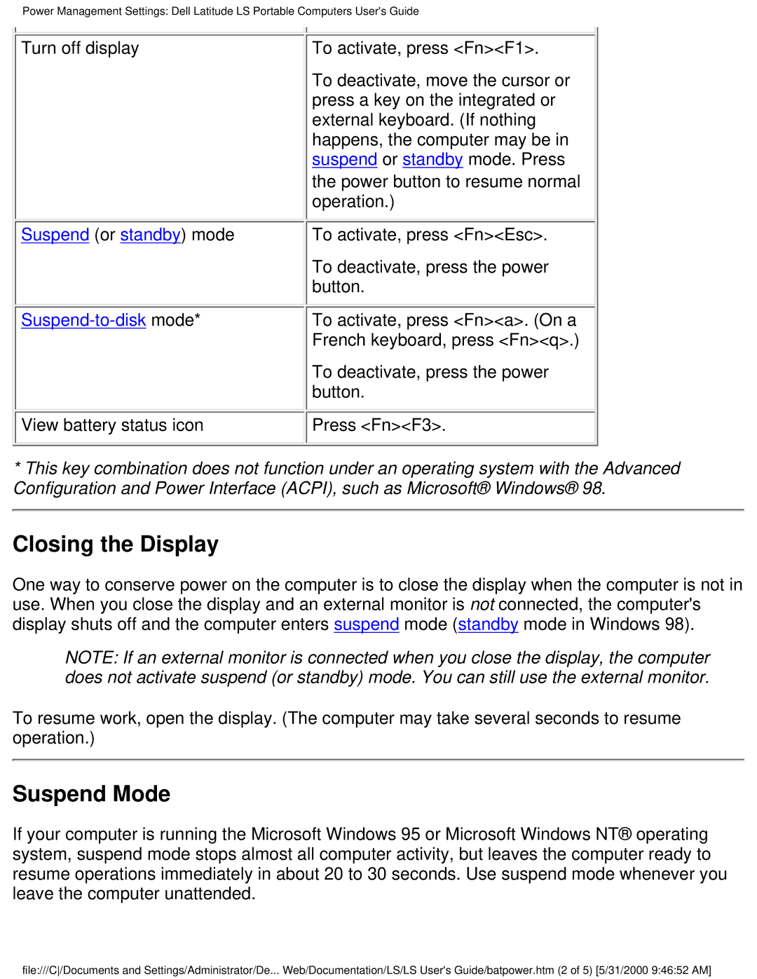 Dell PP01S technical specifications Closing the Display, Suspend Mode 