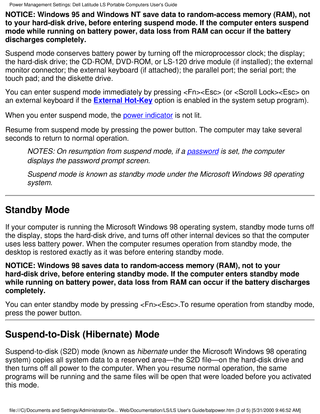 Dell PP01S technical specifications Standby Mode, Suspend-to-Disk Hibernate Mode 