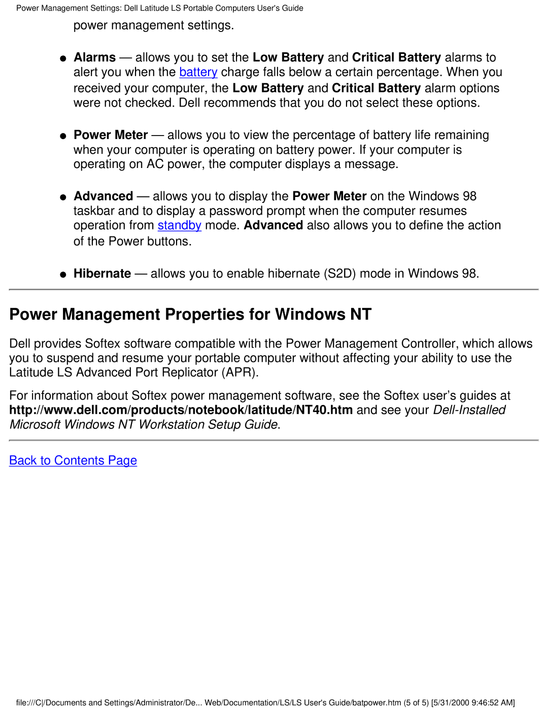 Dell PP01S technical specifications Power Management Properties for Windows NT, Power management settings 