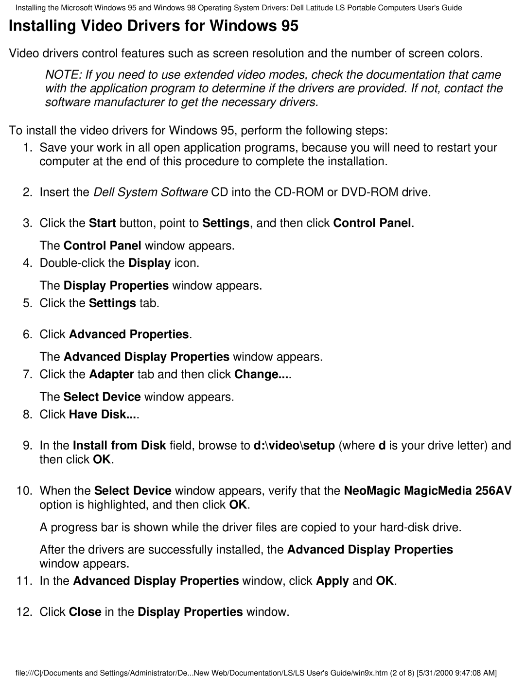 Dell PP01S technical specifications Installing Video Drivers for Windows, Click Have Disk 