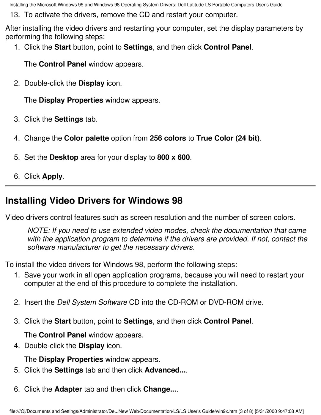 Dell PP01S technical specifications Set the Desktop area for your display to 800 x Click Apply 