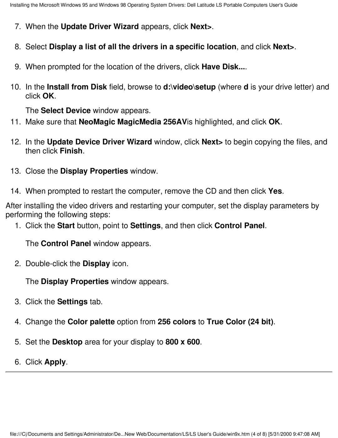 Dell PP01S technical specifications Close the Display Properties window 