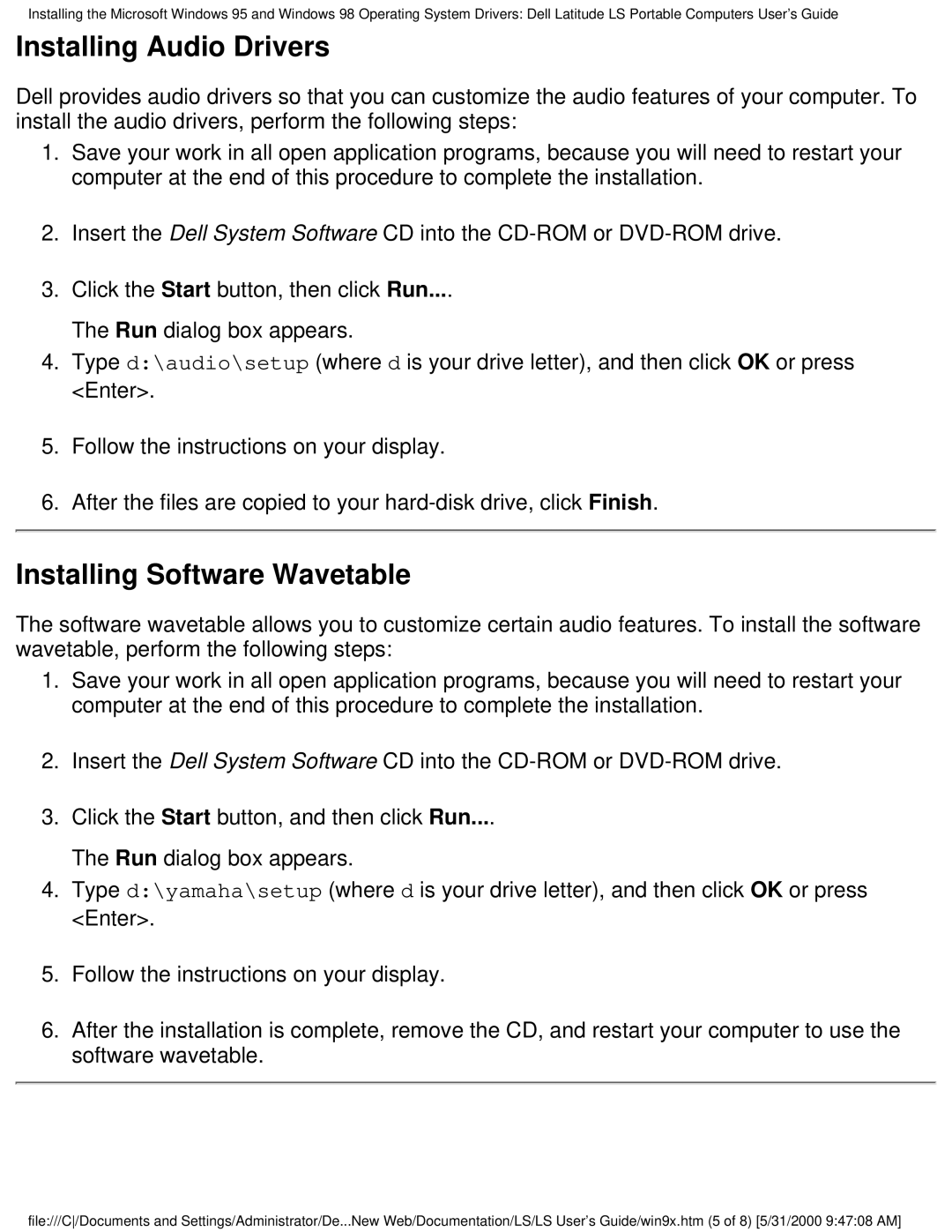 Dell PP01S technical specifications Installing Audio Drivers, Installing Software Wavetable 