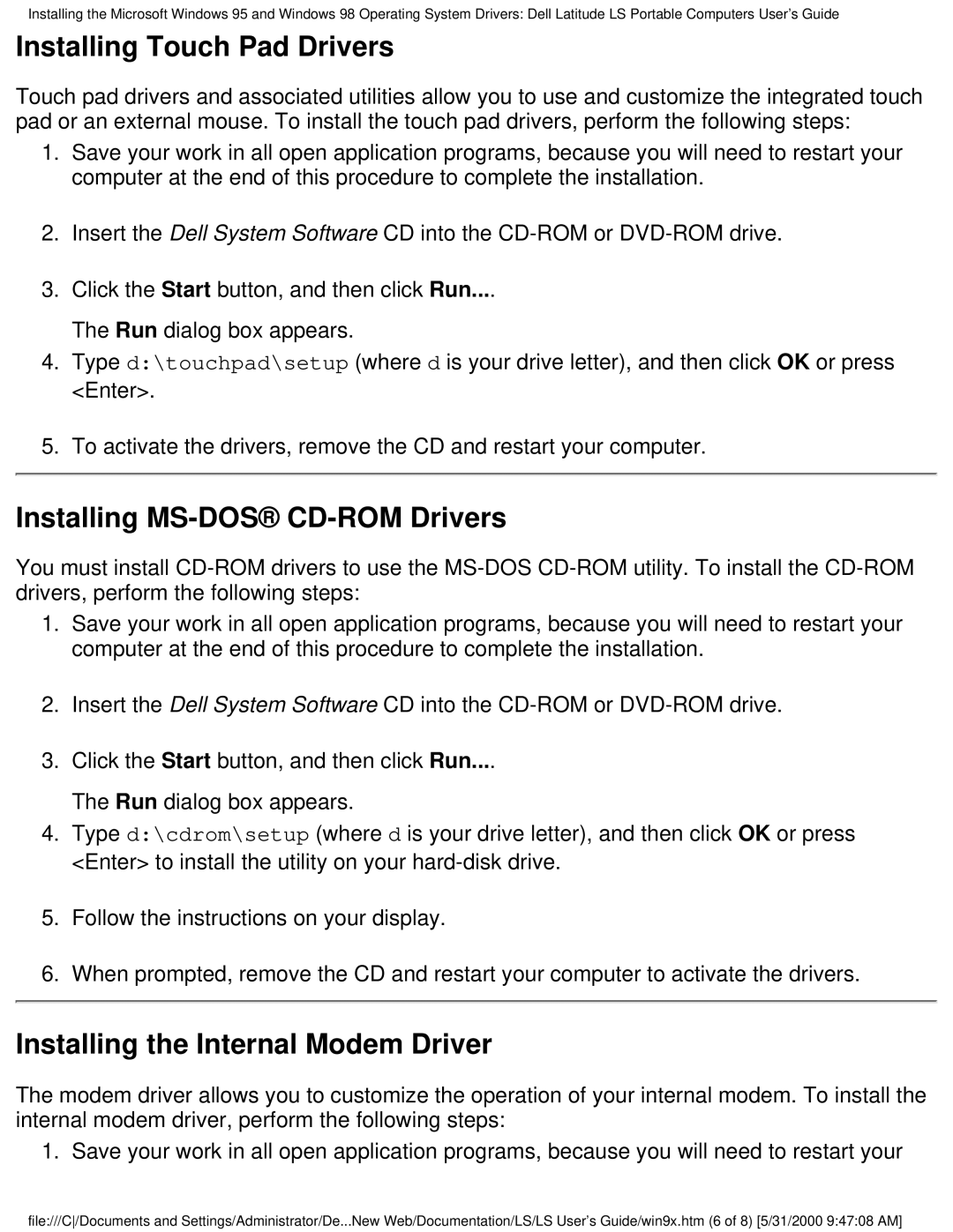 Dell PP01S Installing Touch Pad Drivers, Installing MS-DOS CD-ROM Drivers, Installing the Internal Modem Driver 