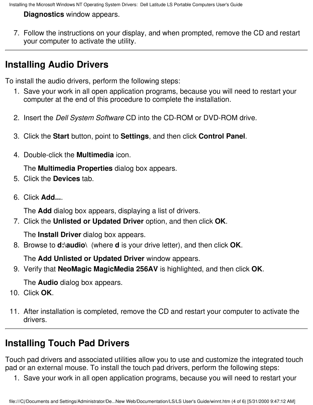 Dell PP01S technical specifications Installing Audio Drivers 